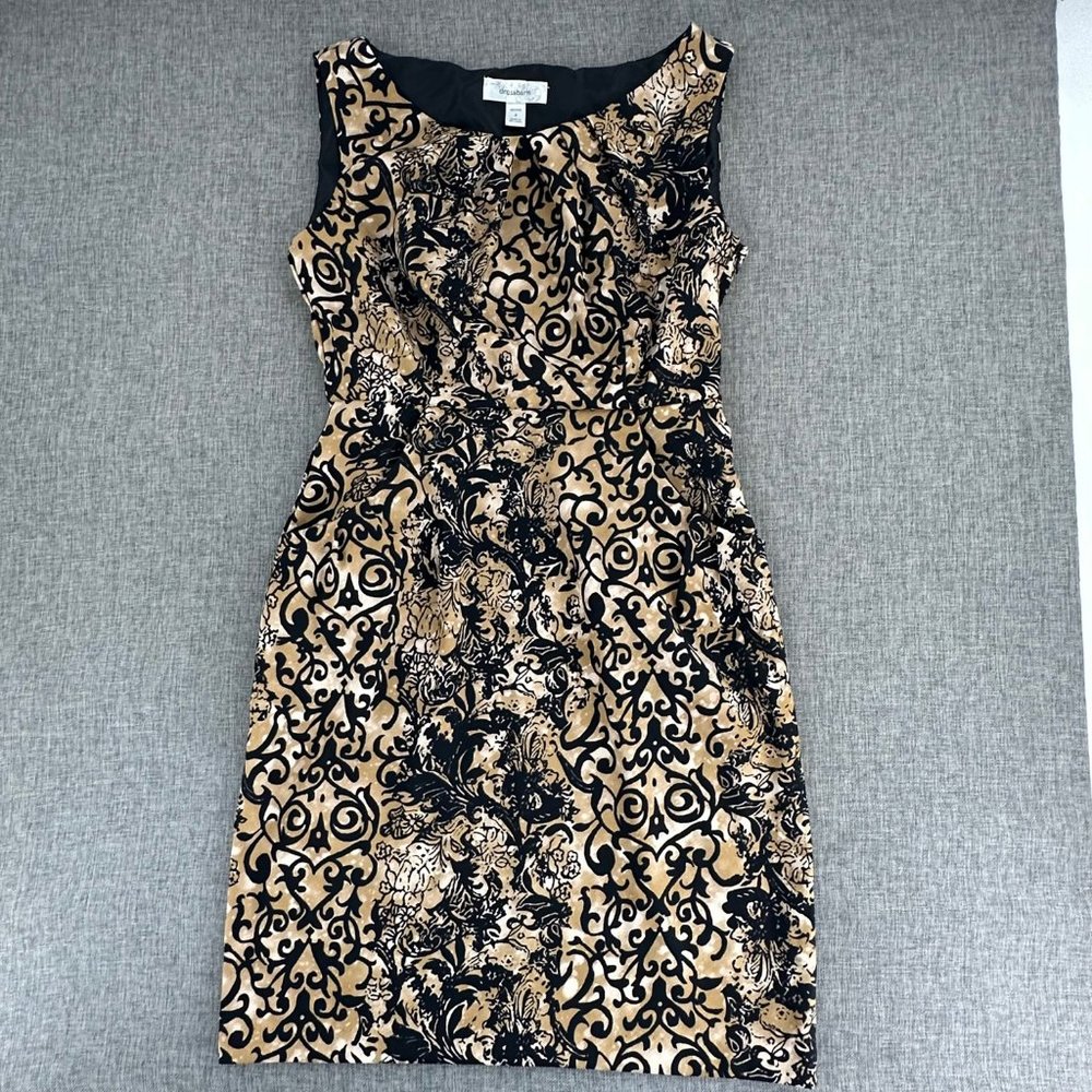 Dressbarn A-line Dress‎ Petite 4 Tan Black Pleated Neckline Pockets Business